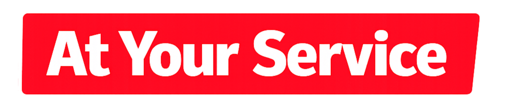 Een rode banner met witte tekst die zegt 'At Your Service'.