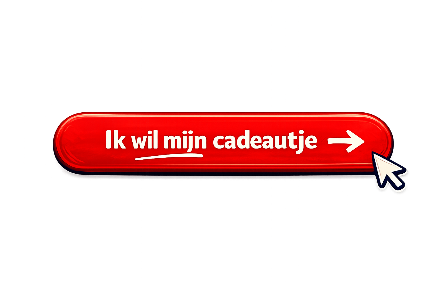 Een rode knop met de tekst 'Ik wil mijn cadeau' en een pijl, met een muiswijzer die naar de knop wijst, op een kleurrijke achtergrond.