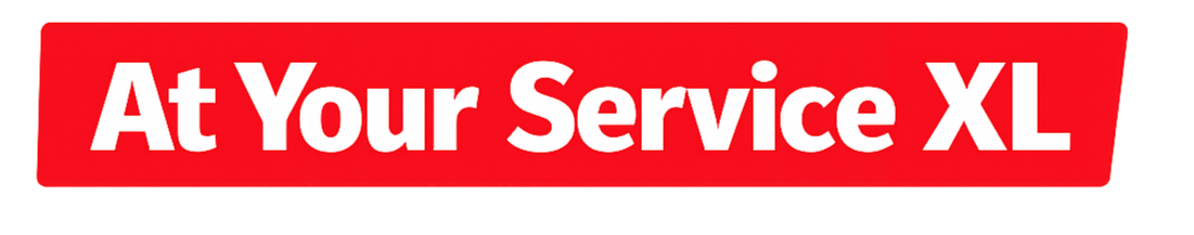Wit en rode banner met tekst 'At Your Service XL'