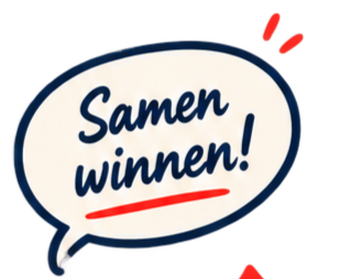 Een speech bubble met de tekst 'Samen winnen!' in blauw en rood, met een witte achtergrond en een blauwe rand.