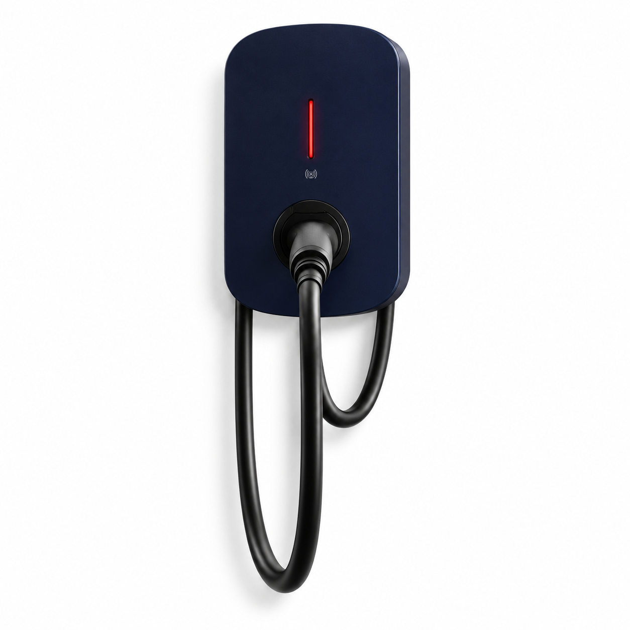Compact donkerblauw AC-thuislaadpunt met laadkabel