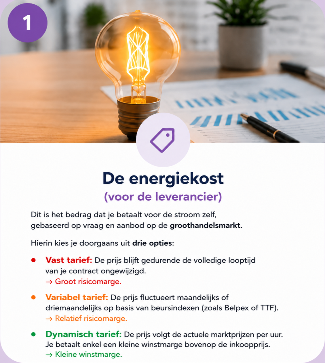 Informatieve flyer over energiekosten voor leveranciers met een infographic van een gloeilamp en een pen op een bureau, en een plant op de achtergrond.