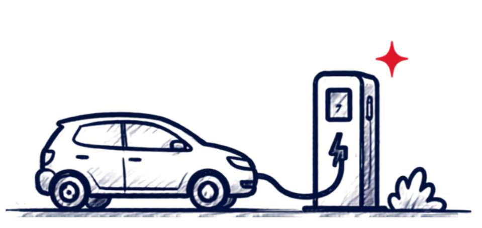 Een elektrische auto die oplaadt bij een laadpaal, met een gele vlag en wat planten ernaast.
