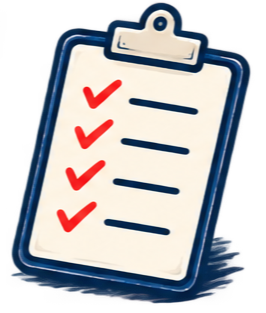 Een checklist met vier rode vinkjes en bijbehorende lijntjes op een clipboard.