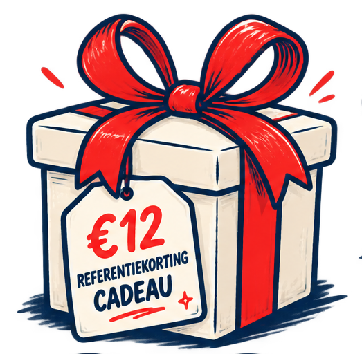Een cadeaudoos met een rode strik en een prijskaartje dat €12 en 'referentiekorting cadeau' vermeldt.