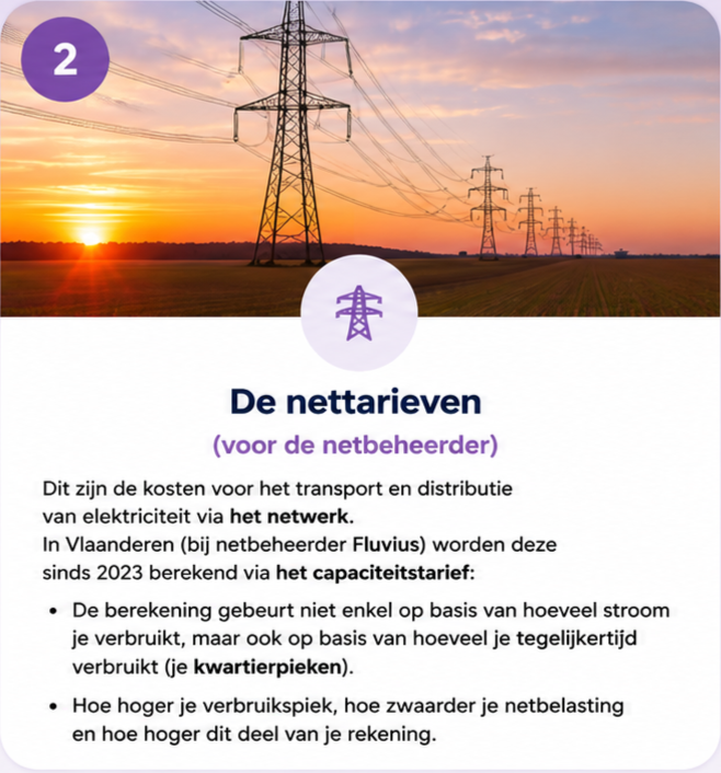 Een landschap met hoogspanningsmasten onder een kleurrijke zonsondergang, met informatie over energienetwerken en netverbruik in Vlaanderen.