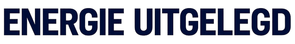 Texst in het Nederlands dat 'ENERGIEUITGELEGD' zegt, in grote blauwe letters op een zwarte achtergrond.