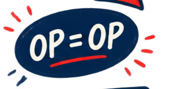 Een woordenwolk met de tekst 'OP = OP' en rode stippen en strepen eromheen.