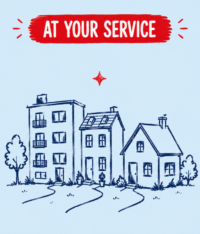 Illustratie van appartement een rijhuis en vrijstaande woning, met rode tekstbalk 'At Your Service' bovenaan. klik voor meer info