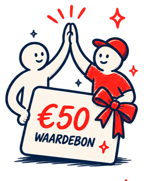Twee mensen high-fiven elkaar, met een cadeaukaart van €50 en een grote rode strik.