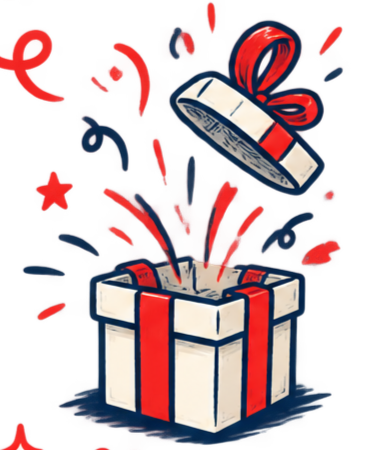 Een open cadeautje met een rood lint, met confetti en een leuke uitbundige sfeer.