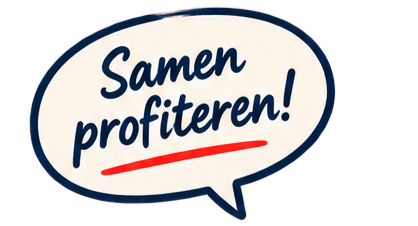 Tekstballon met de woorden 'Samen profiteren!' in blauw op een witte achtergrond met een rode onderlijn.
