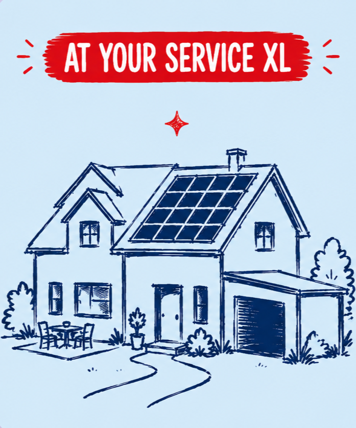 Een schets van een huis met zonnepanelen op het dak en een garage. Bovenaan een rode banner met witte tekst 'AT YOUR SERVICE XL'. Klik voor meer info