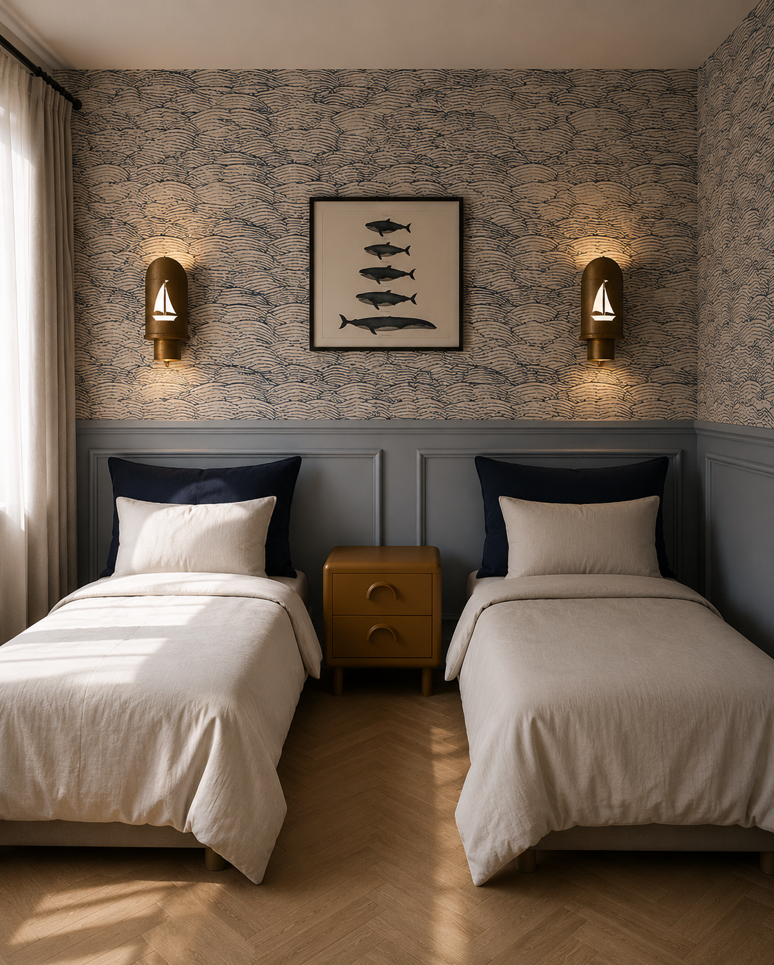 Sfeervol interieur concept voor een vakantieverblijf aan de kust met natuurlijke materialen en een rustige uitstraling met karakter en beleving. Tweede slaapkamer.