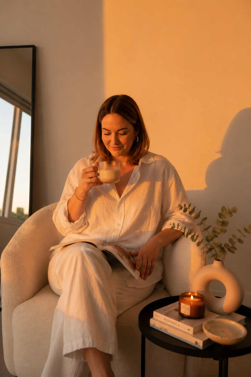 A woman sitting in a cream-colored armchair, smiling and sipping from a glass mug, with an open magazine on her lap, in a warmly lit room with a side table holding a candle, a stack of books, a white vase with greenery, and a decorative bowl.