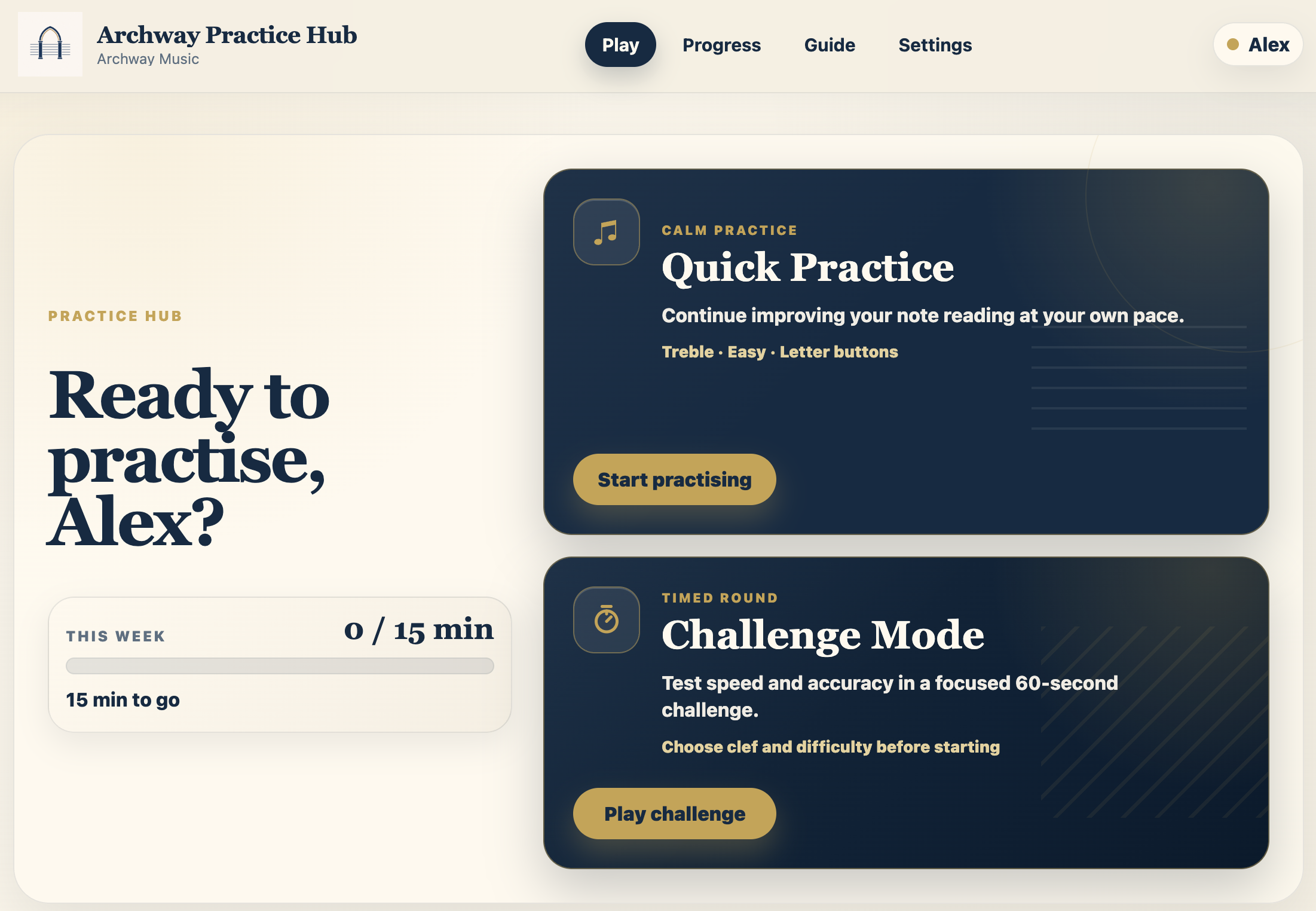Screenshot of a webpage titled 'Archway Practice Hub' with options for practicing music, featuring sections such as 'Quick Practice', 'Challenge Mode', and 'Start practicing' button. Features include progress tracking, guides, settings, and user profile named Alex.