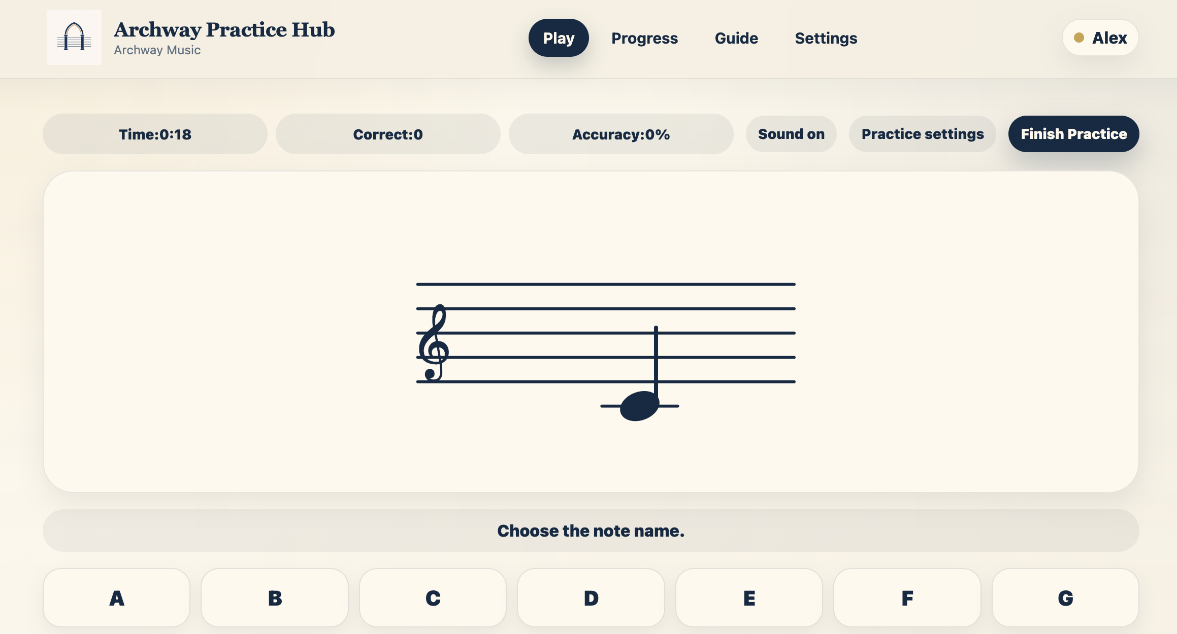 Screenshot of the Archway Practice Hub music practice website showing a music note on a staff, with options for playing, tracking progress, and selecting note names.