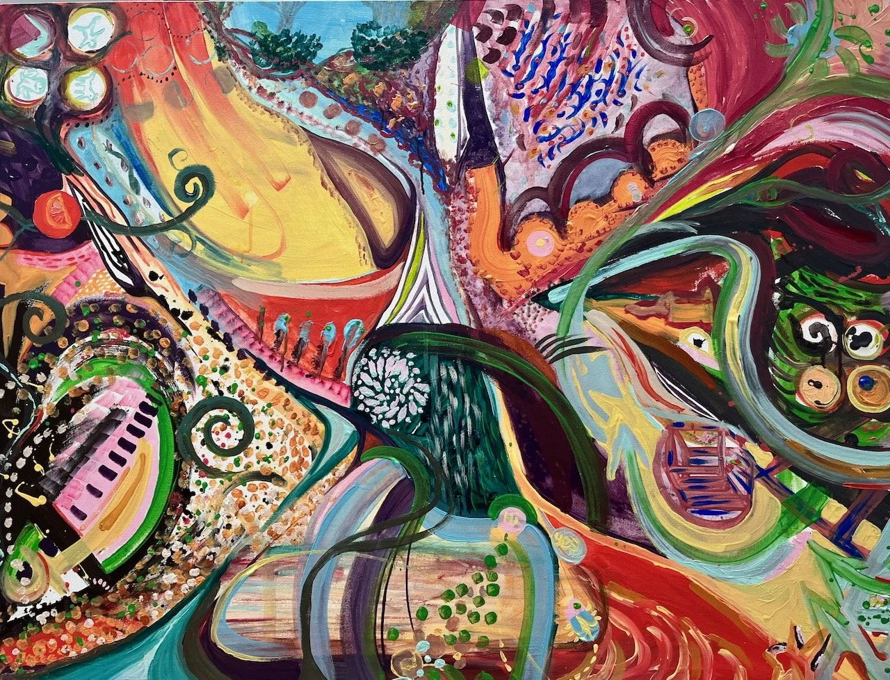 Abstract colorful painting with swirls, dots, and patterns in bright colors such as yellow, green, red, pink, orange, purple, and blue.