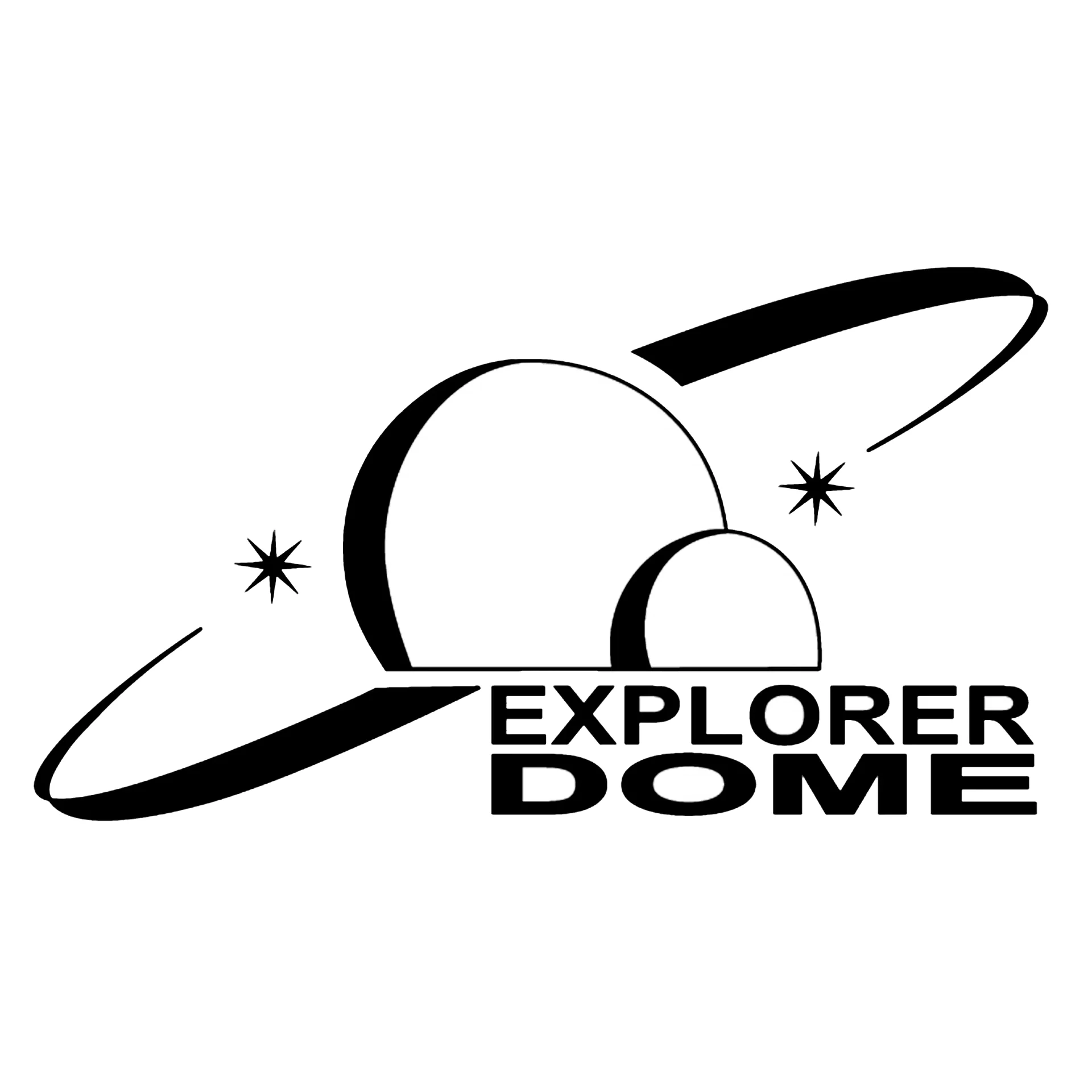 A black and white graphic design with a rocket, stars, and a planetary ring, featuring the text 'Explore, Home' in bold letters.
