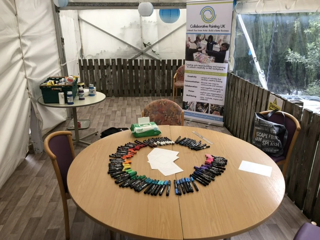 Indoor table setup with art supplies including colored markers arranged in a rainbow pattern, white paper sheets, and a box of wet wipes, within a tent-like structure with a banner for Collaborative Painting UK and a small table with paint bottles in