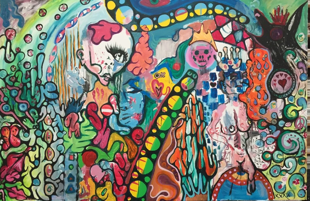 Colorful abstract art with cartoon-like characters, swirling patterns, and vibrant colors.