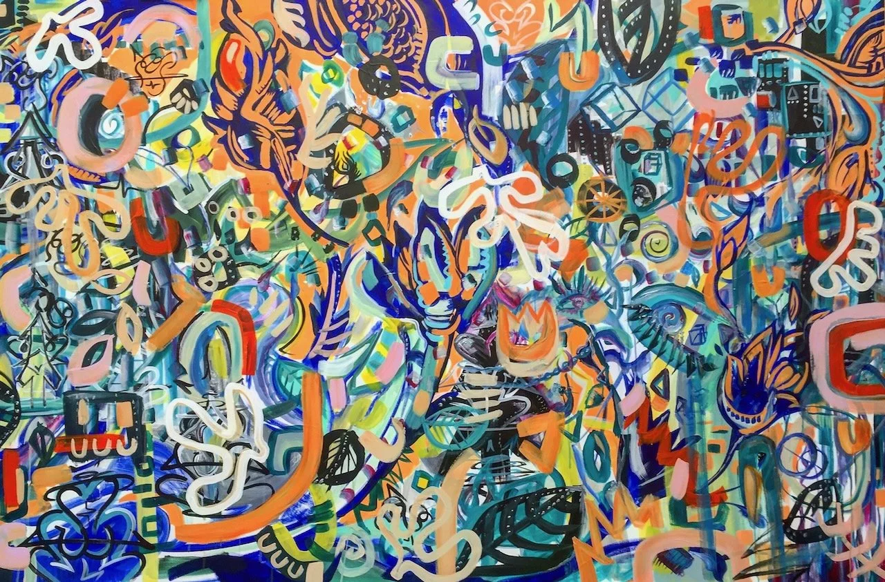 Abstract colorful graffiti mural with various shapes, lines, and symbols in shades of orange, blue, black, pink, and green.