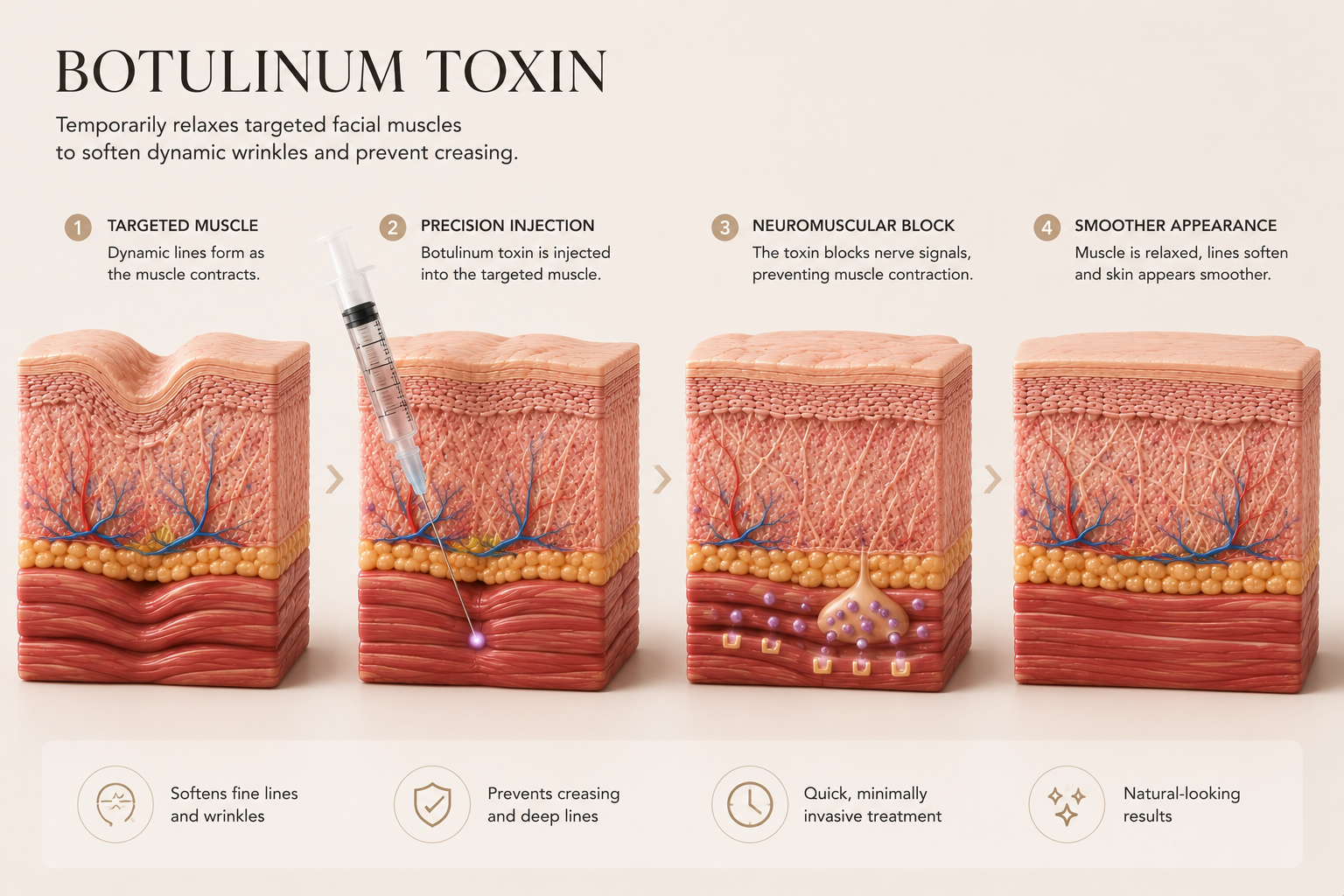 Diagram illustrating Botox treatment process in four steps: 1. Targeted facial muscles contracting; 2. Botox injection into muscle; 3. Nerve signal blocking; 4. Smoother, relaxed skin appearance.