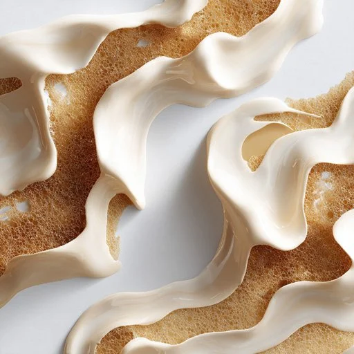 Close-up of caramel and whipped cream swirls on a baked pastry surface.