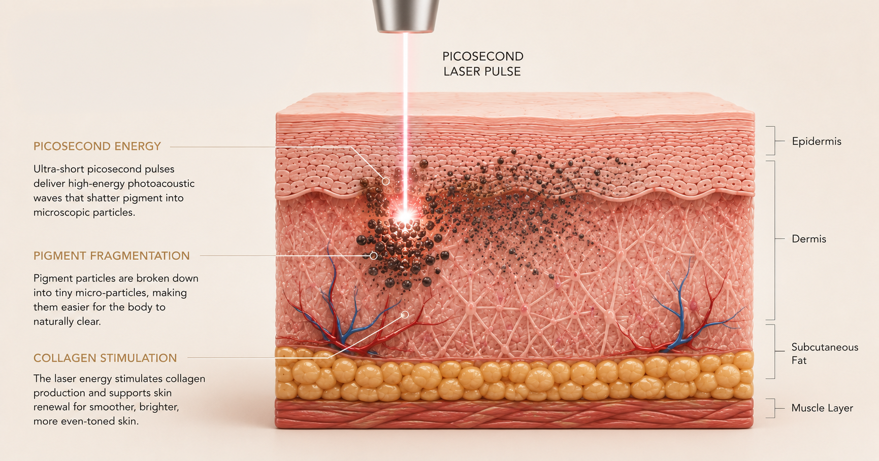 Diagram of skin layers being treated with PicoSecond laser. The laser is shown delivering energy to the epidermis, causing pigment fragmentation, which is broken into tiny particles to be cleared by the body. The diagram highlights the epidermis, dermis, subcutaneous fat, and muscle layer.