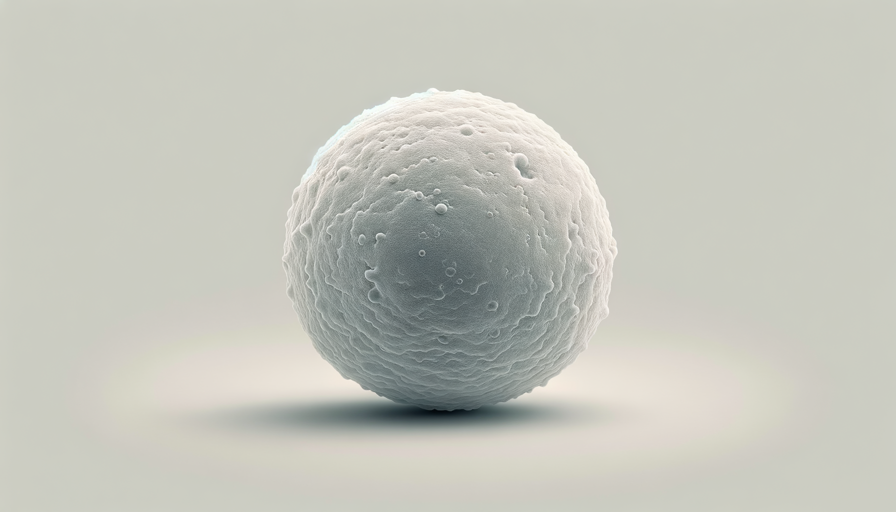 A 3D rendering of a human cell, spherical in shape with a textured surface, floating against a plain background.
