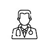 Line drawing of a doctor or medical professional with a stethoscope.