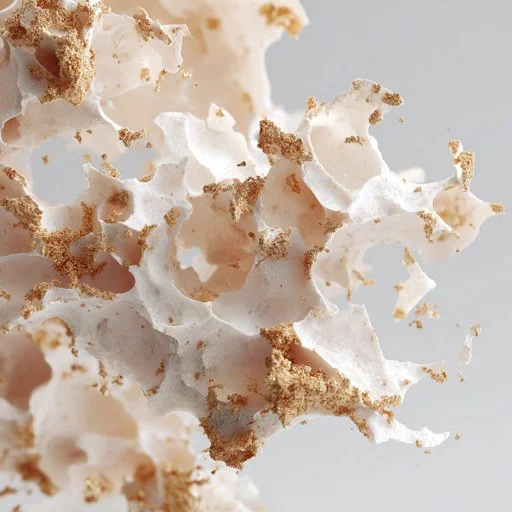 Close-up image of a piece of puffed, crunchy snack with a white and tan color.