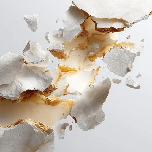 Cracked eggshells with spilled egg on a white surface.