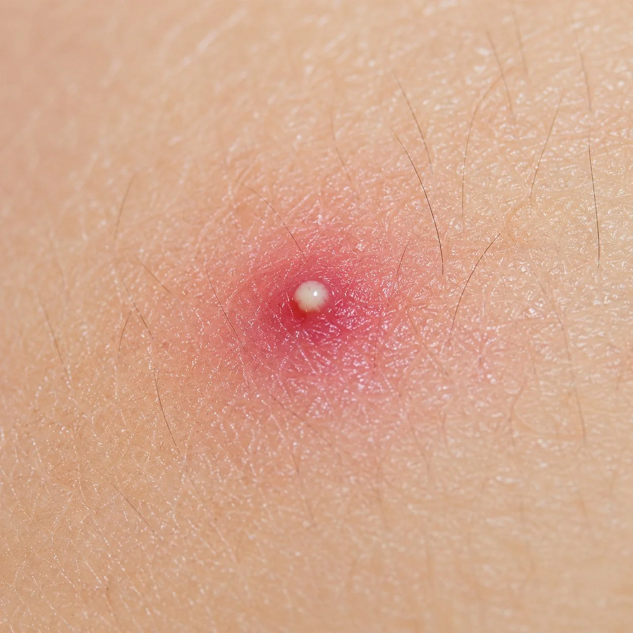 Close-up of a person's skin with a small, white blister surrounded by red, irritated skin.