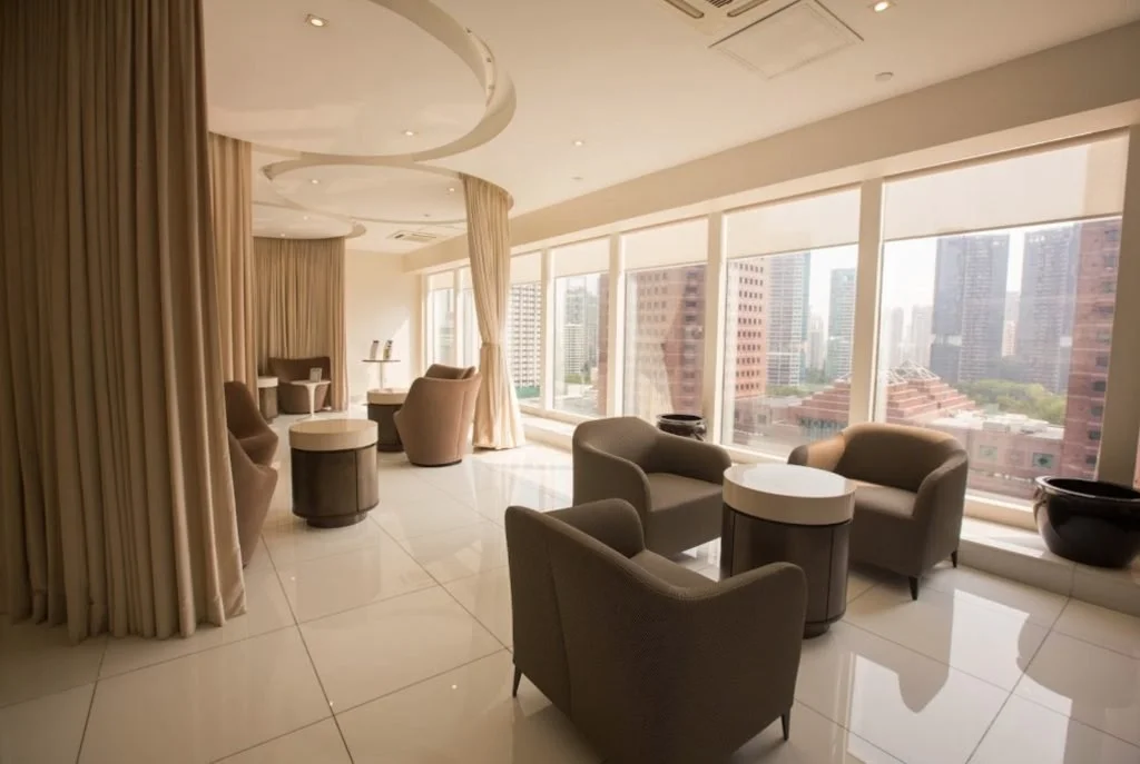 Luxurious lounge area with beige chairs and tables, large windows with city skyline view, and cream-colored curtains.