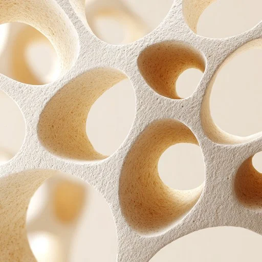 Close-up of a textured white object with multiple circular holes of varying sizes.