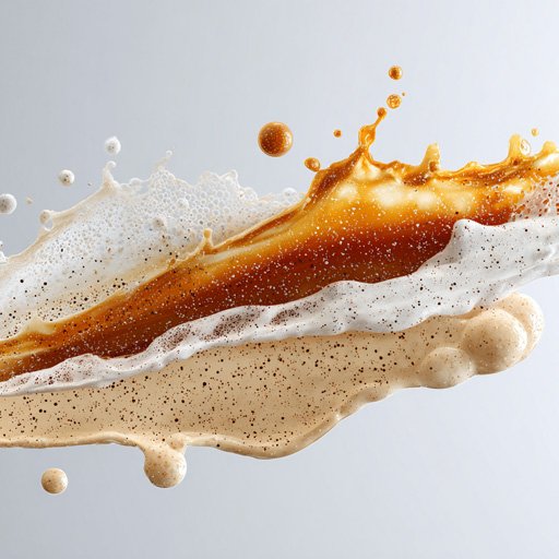 A splash of coffee with milk and foam, with bubbles and droplets in mid-air.