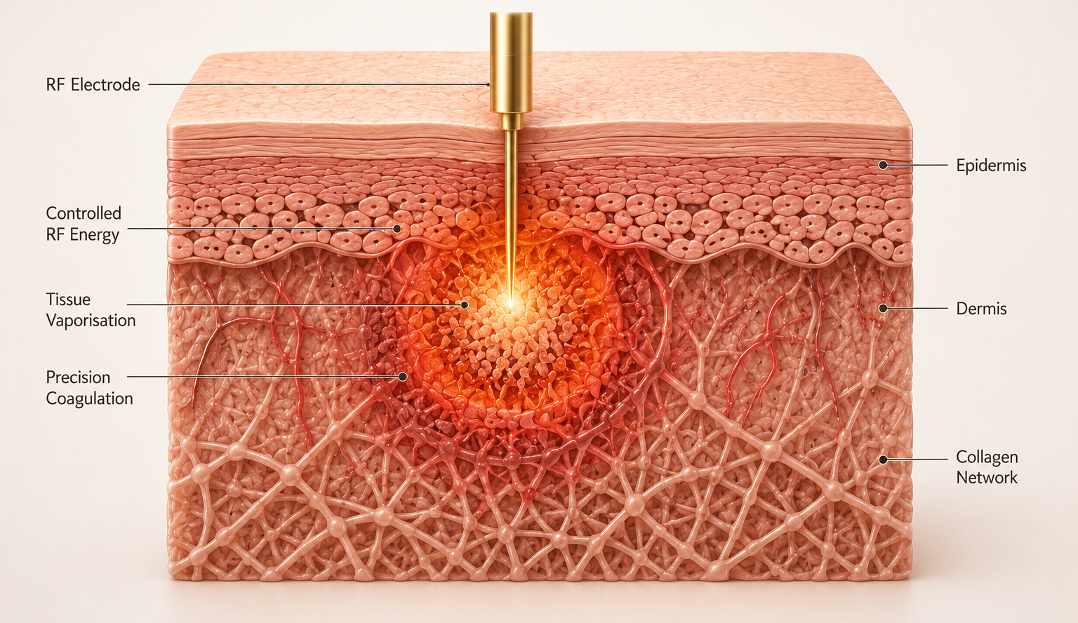 A detailed diagram of laser skin treatment showing layers of the skin with labels for RF electrode, epidermis, controlled RF energy, tissue vaporization, dermis, precision coagulation, collagen network, with a laser device emitting a focused beam into the skin.