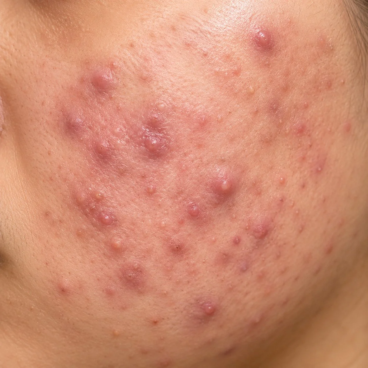 Close-up of skin with multiple inflamed acne pimples and pustules varying in size.