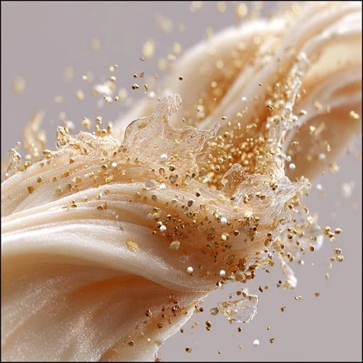 Close-up of flowing beige and white slime or liquid with gold glitter particles splashing.