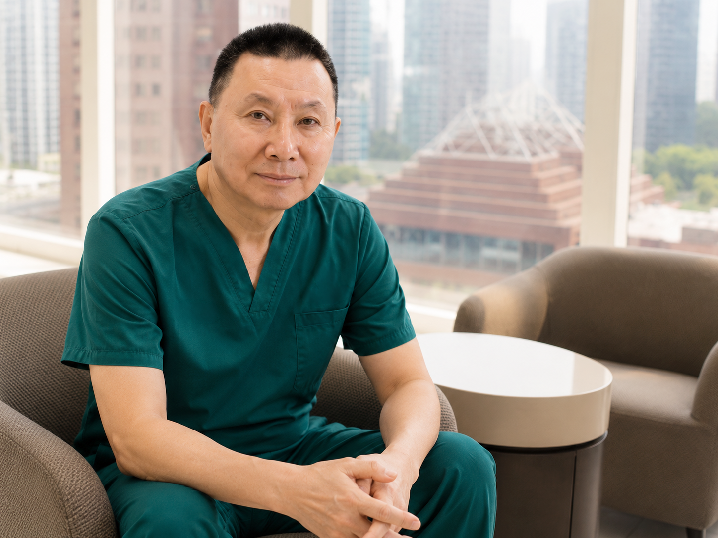 A male doctor in green scrubs sitting in a modern office with large windows showing city buildings in the background.