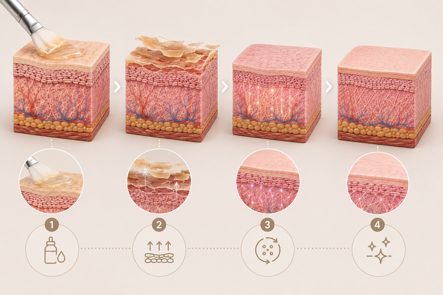 Step-by-step diagram of skin treatment: 1. Applying a topical product, 2. Removing skin cells and debris, 3. Brightening with light or laser therapy, 4. Clean, smooth skin.