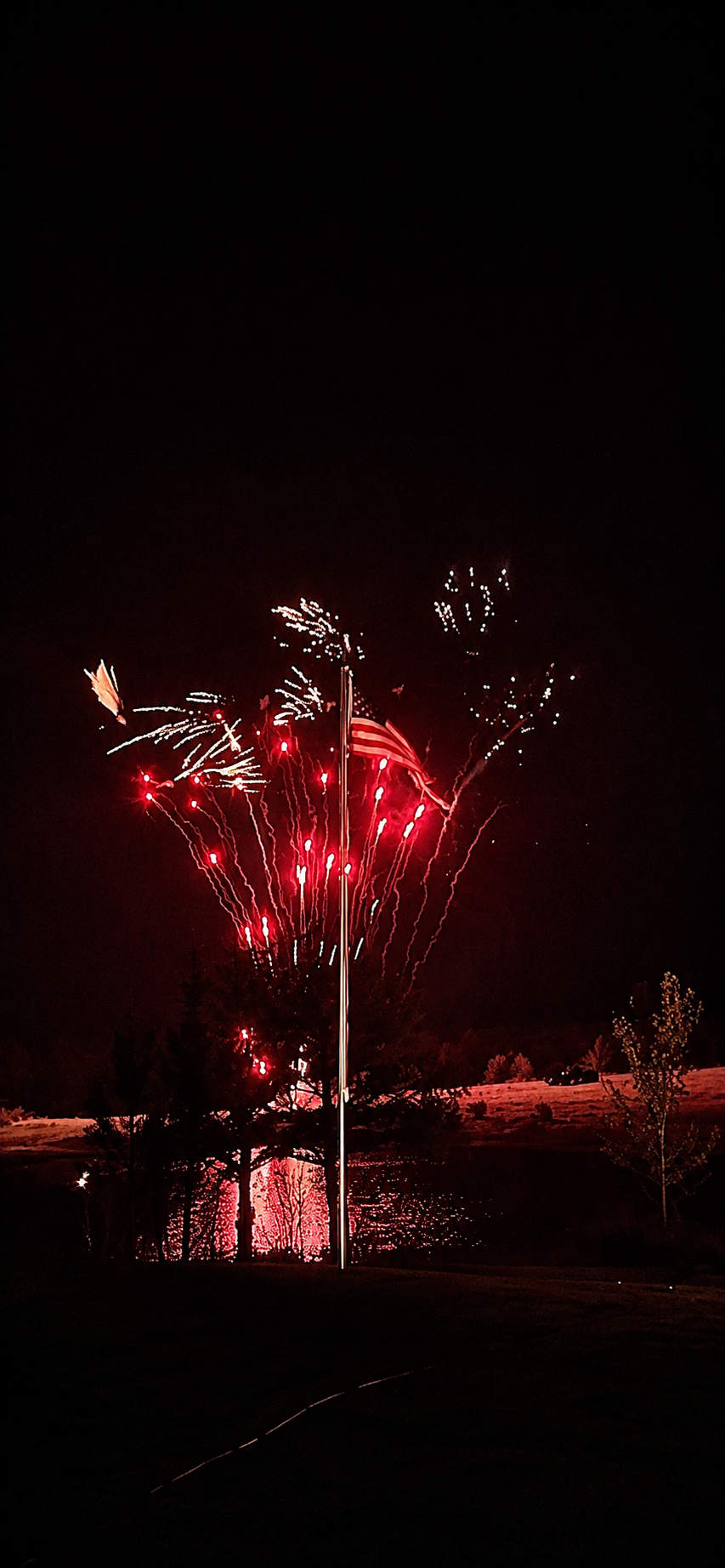 Nighttime fireworks display above a flagpole with an American flag, reflected in a body of water, with trees and open landscape in the background.