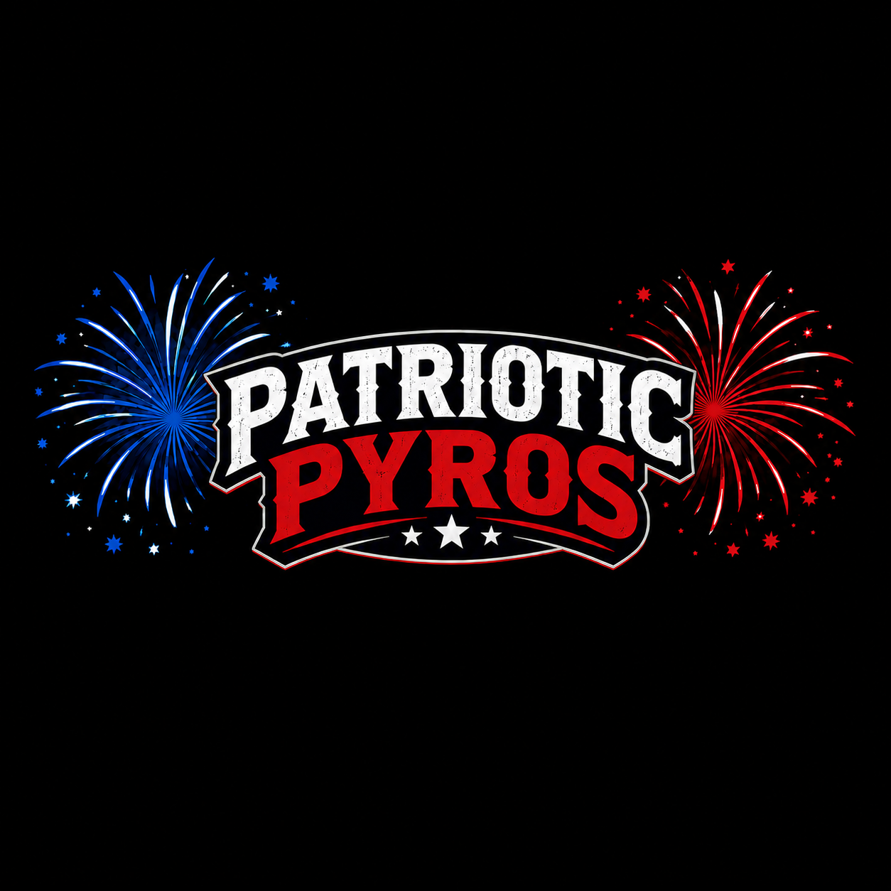 Graphic celebrating patriotic fireworks, with red and blue explosions on a black background, featuring the words "Patriotic Pyros" in bold white and red text.