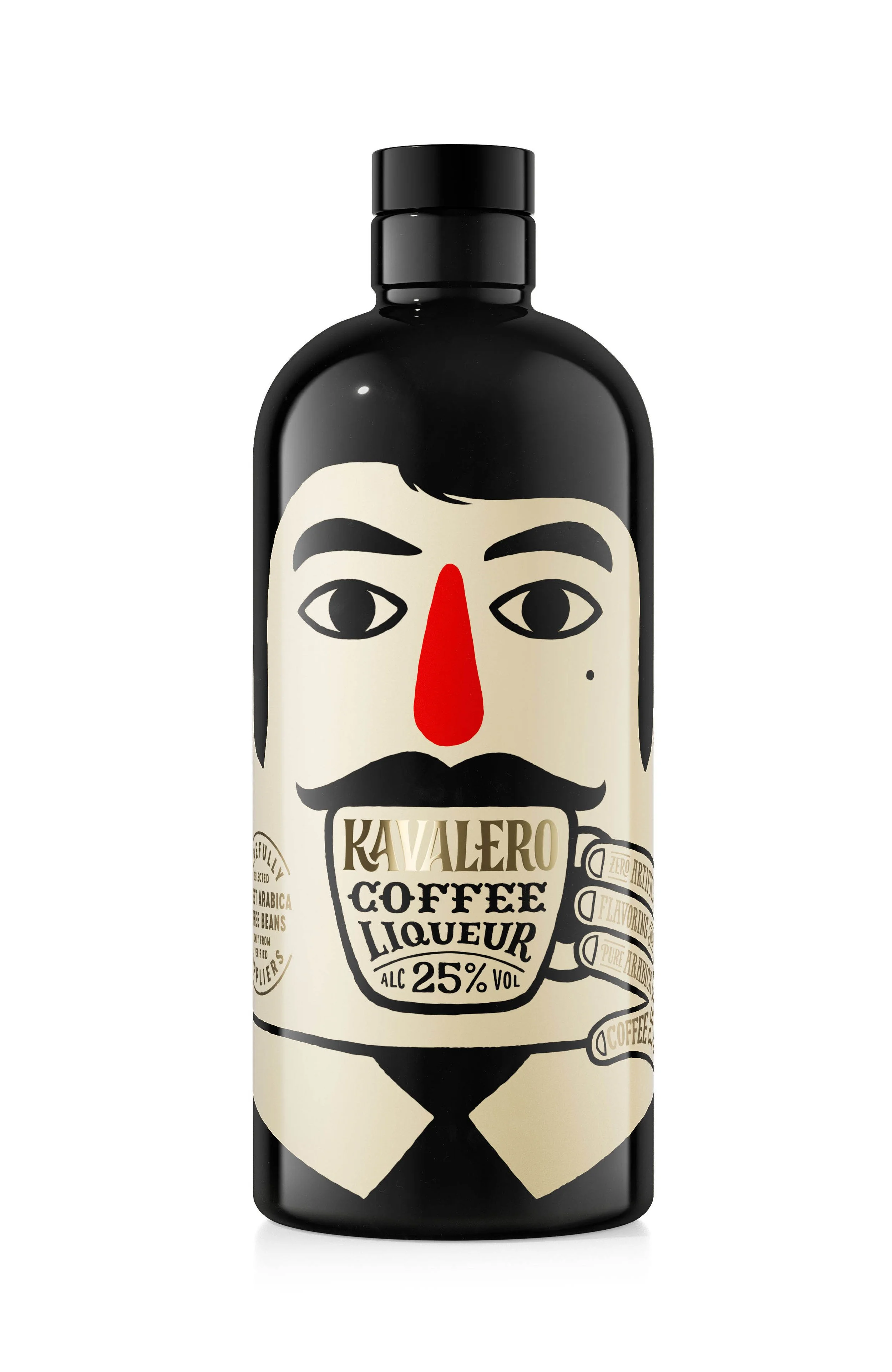 Bottle with a graphic illustration of a man in a tuxedo and a mustache, with a caption reading KAVALERO COFFEE LIQUEUR, 25% alcohol, designed with a dark color theme and minimalistic style.