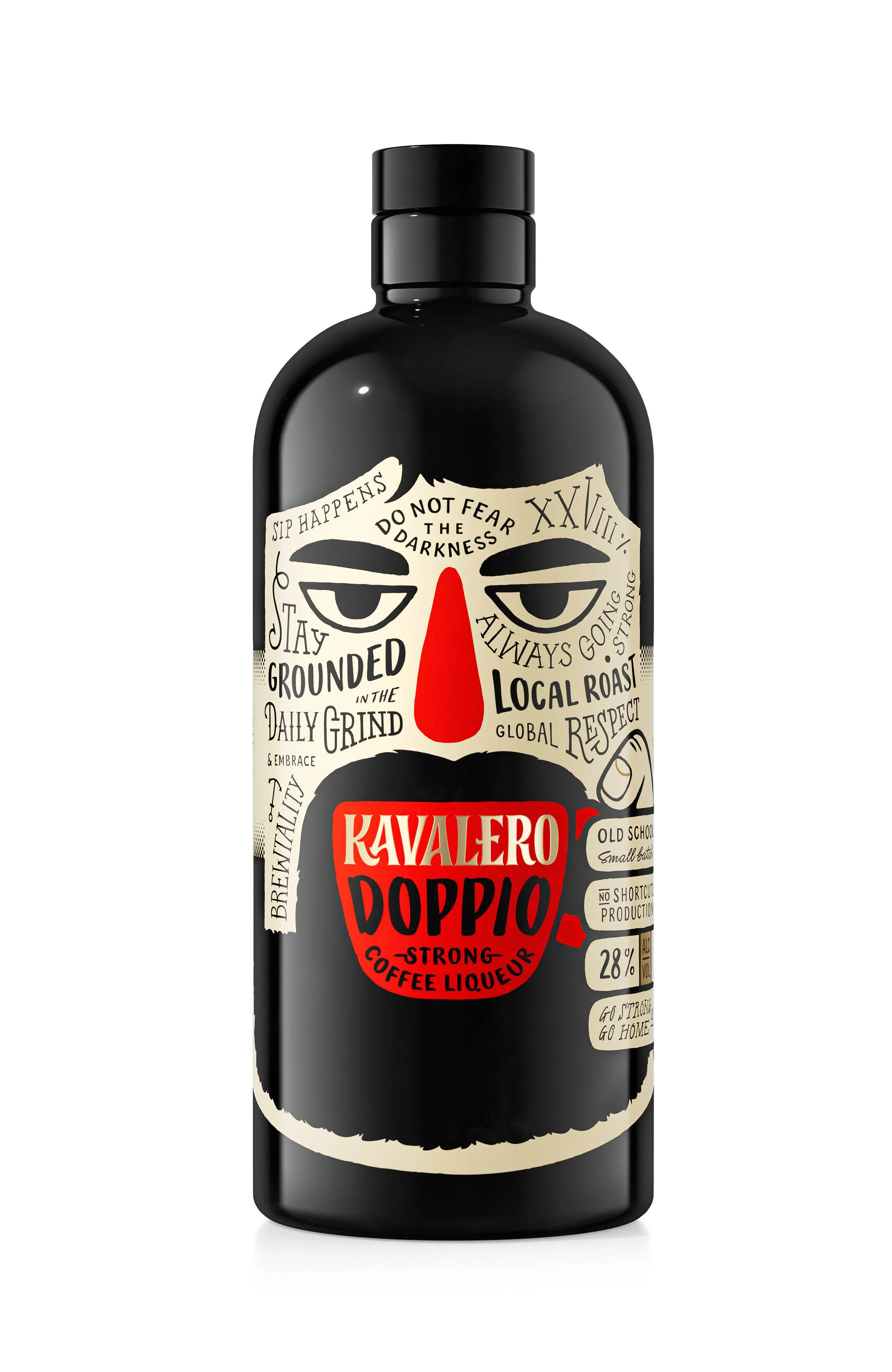 A black bottle of Kavaler Doppio coffee liqueur with a label featuring a stylized face with glasses, a red nose, and various phrases and words about coffee, strength, and respect.
