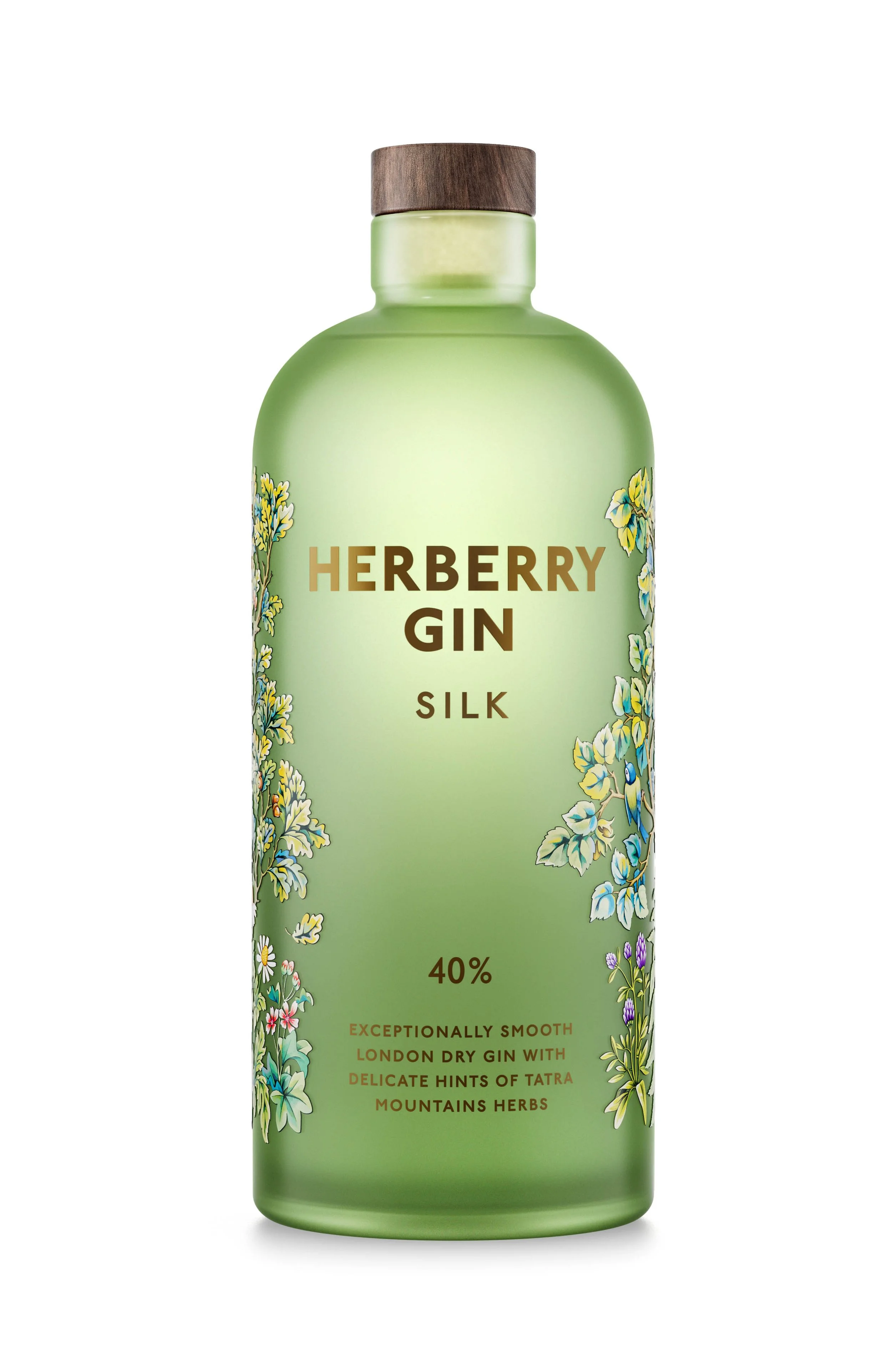 Green bottle of Herberry Gin Silk with a wooden cap, decorated with illustrations of mountain herbs and flowers, indicating 40% alcohol content and descriptive text about its smooth flavor and natural ingredients.