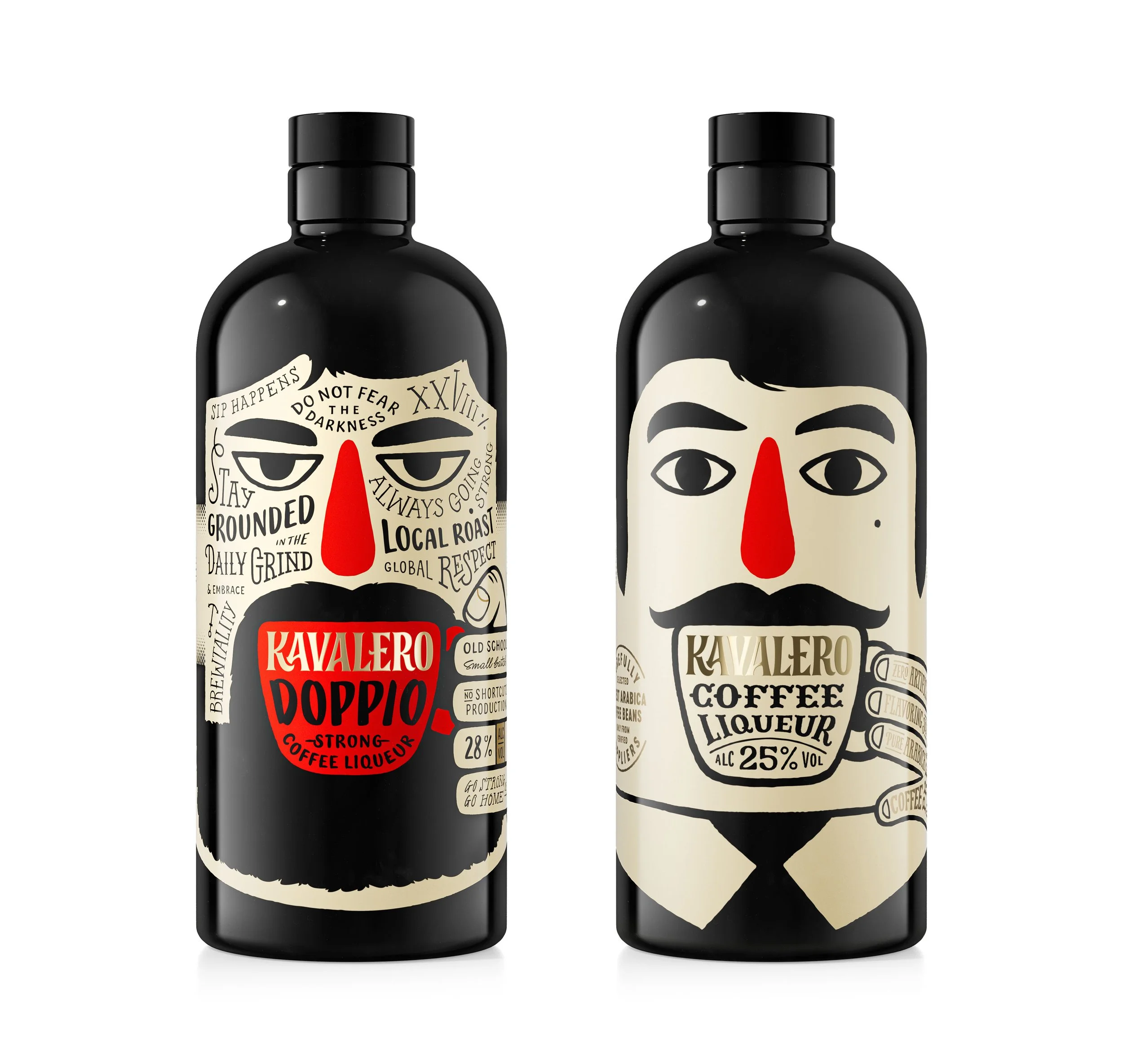 Two black bottles of Kavaler Doppio coffee liqueur with illustrative label designs, one with text and the other with a face drawing, set against a plain white background.