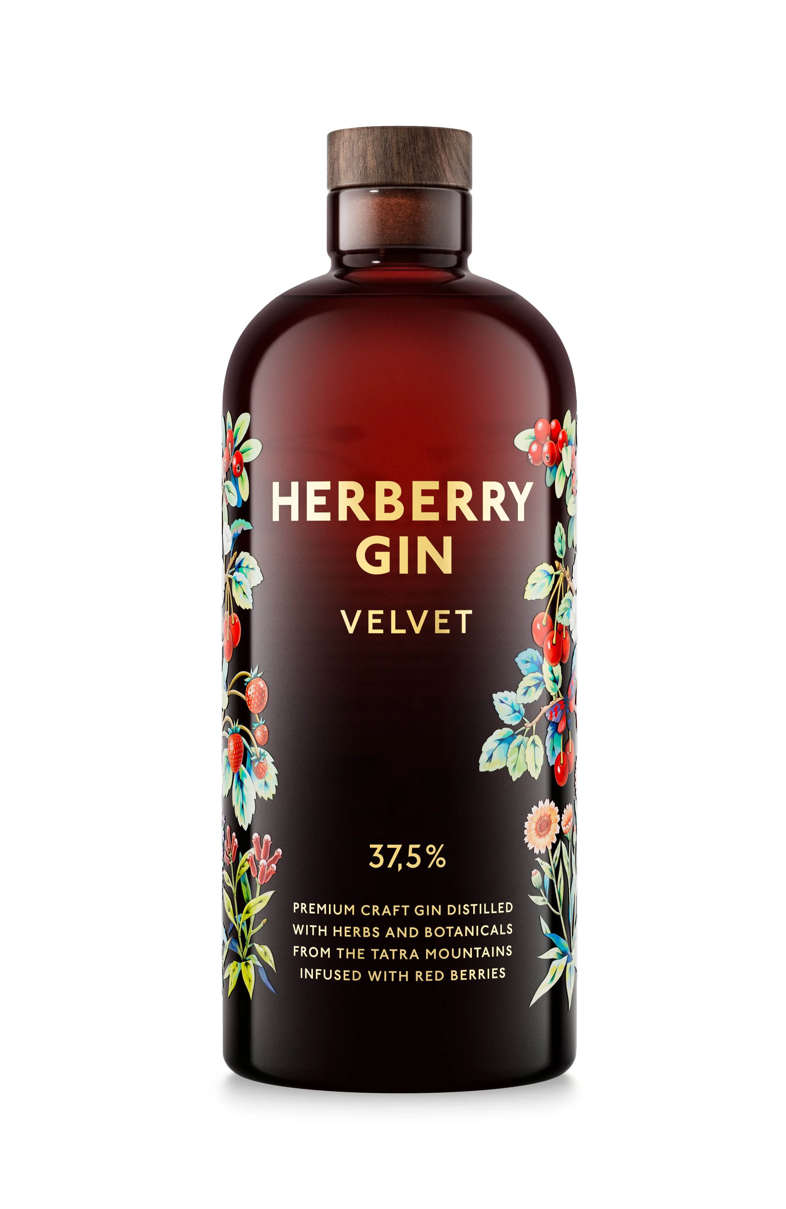 A dark red bottle of Herberry Gin Velvet with a wooden cap, decorated with colorful botanical illustrations including red berries and green leaves.