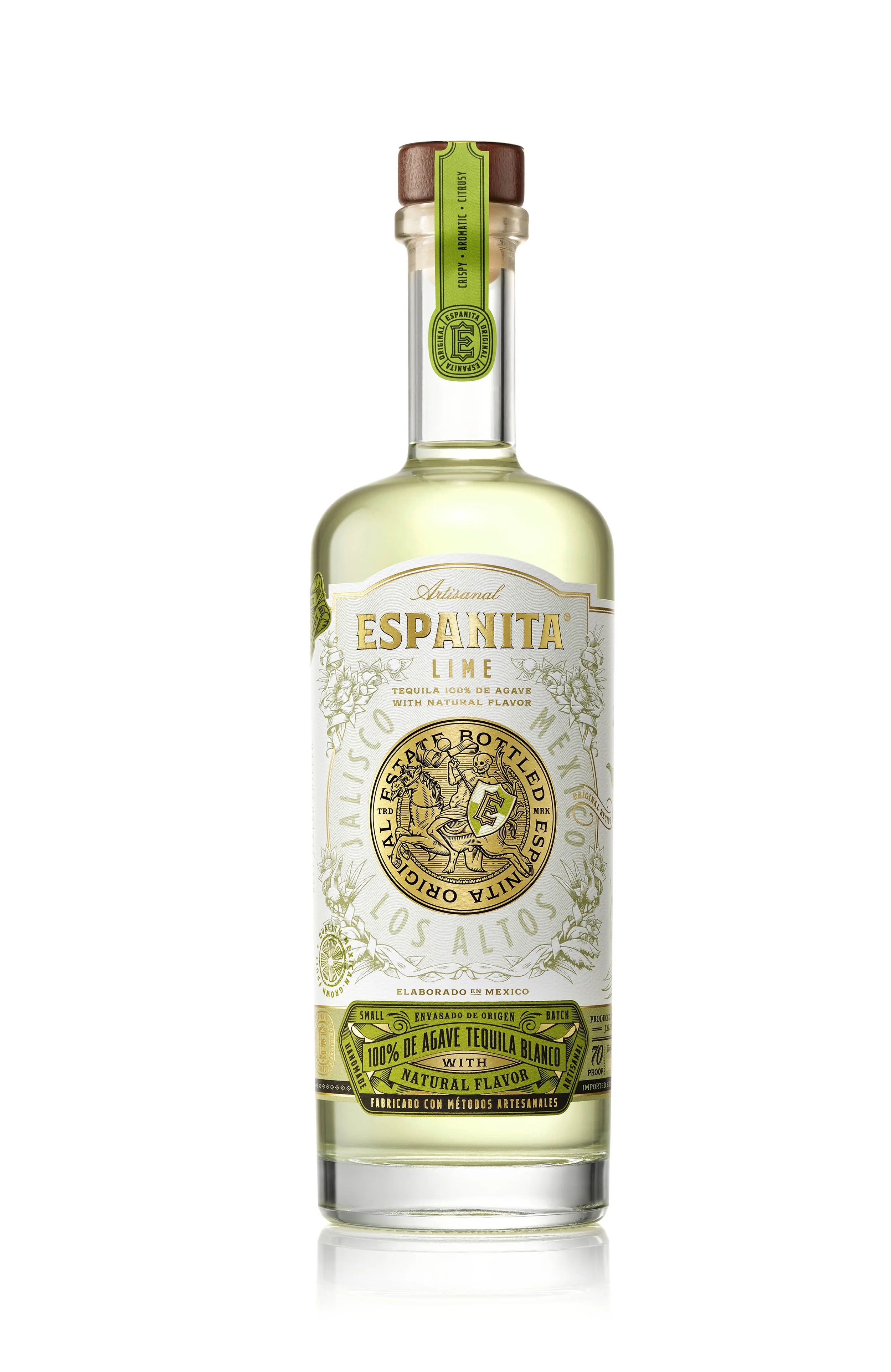 A clear glass bottle of Espantá Lime tequila with a white label featuring gold and green accents, natural flavor, and artisanal craftsmanship.